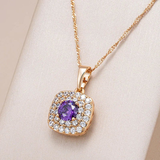 Shiny Purple Natural Zircon Square Pendant Necklace